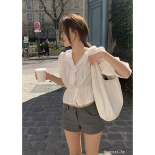 2025夏季 韩国设计师tan 现 新款 at甜美蕾丝荷叶褶边中袖 衬衫
