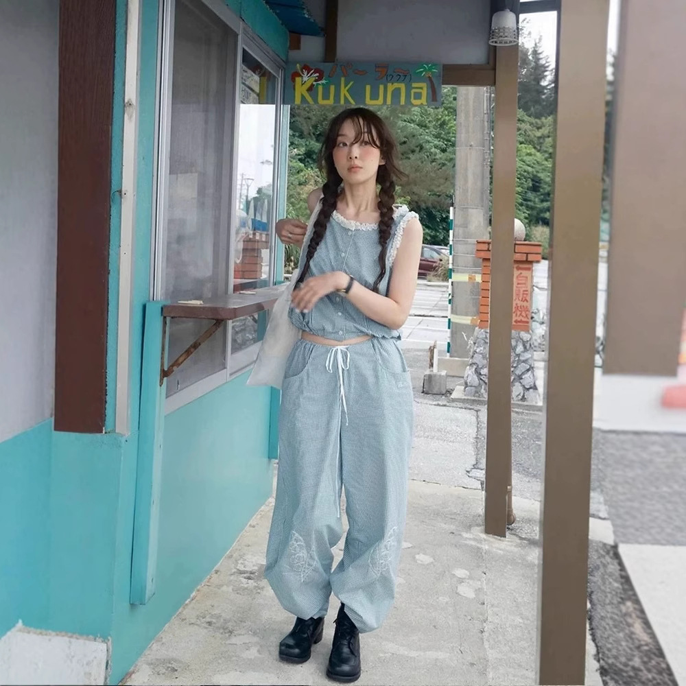 现H 绿色格子休闲套装女2025夏季花边无袖背心休闲裤两件套flet*