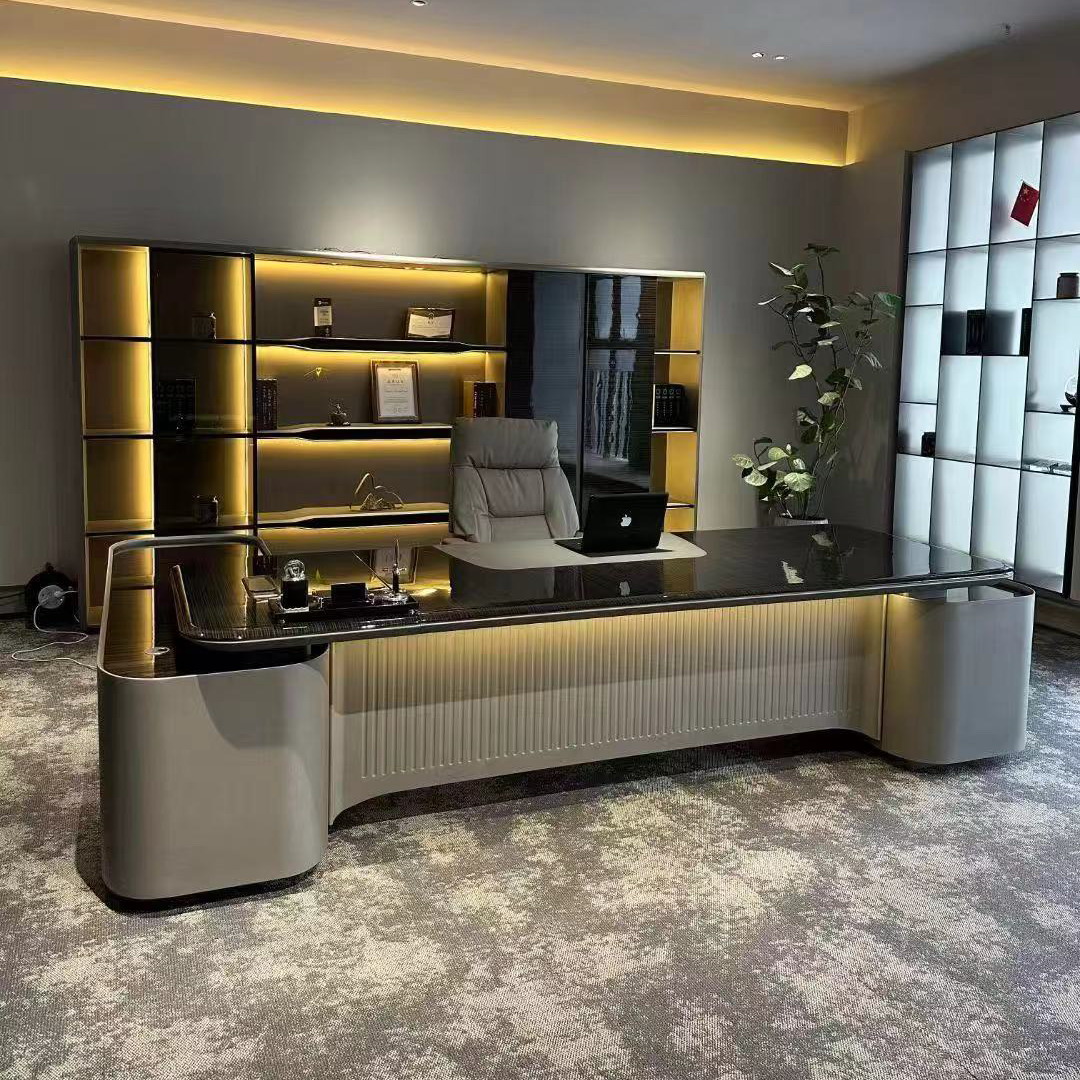 轻奢风格总裁桌新款黑檀木皮烤漆老板桌现代办公桌E0级总裁大班台