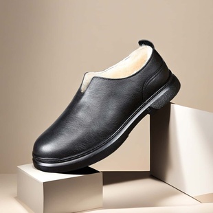 套脚加绒加厚爸爸鞋 冬季 真皮保暖男鞋 皮毛一体棉鞋 子 纯羊毛棉皮鞋