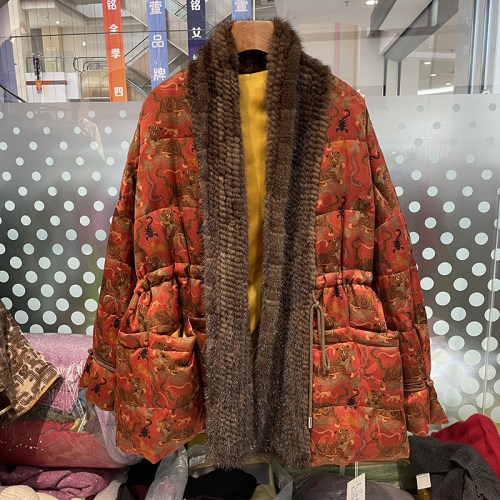 水貂毛拼接香云纱鹅绒外套女大衣