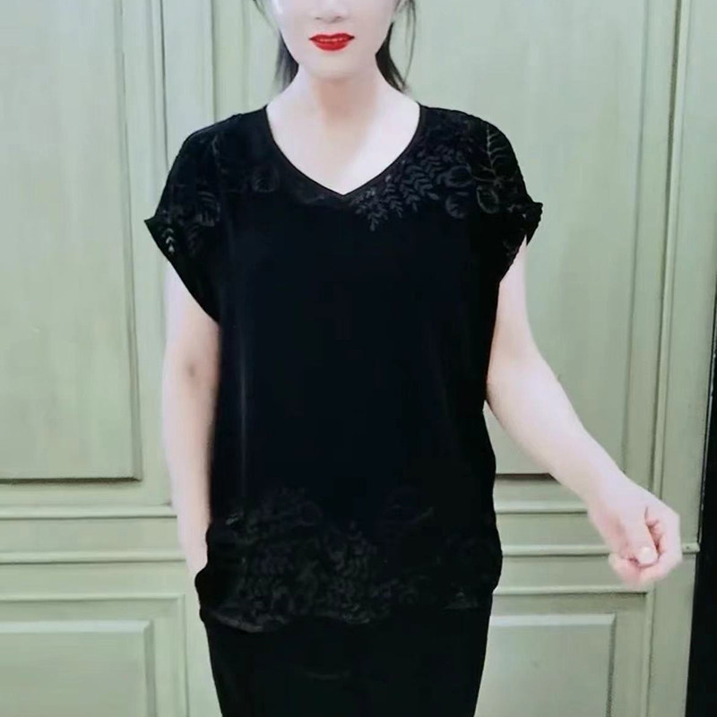 短袖复古薄款植绒提花桑蚕丝女