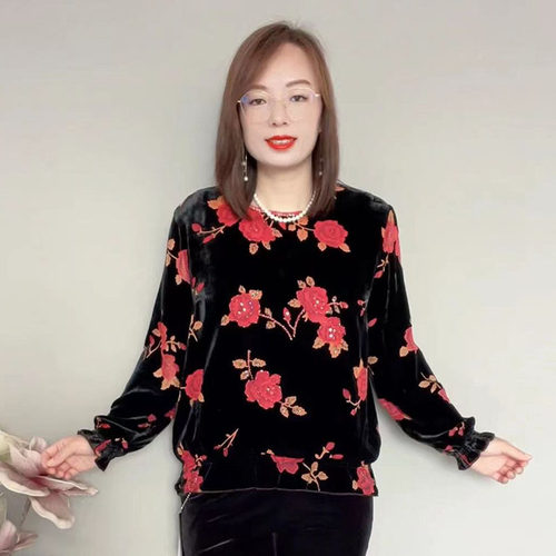 圆领套头串珠桑蚕丝植绒提花上衣