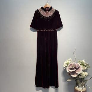 2026新款立领拼接蕾丝亮钻串珠长款连衣裙婚礼礼服喜婆婆装89209