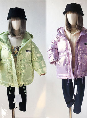 木瓜汁女童彩色光面亮皮免洗羽绒服冬短款休闲连帽外套18036