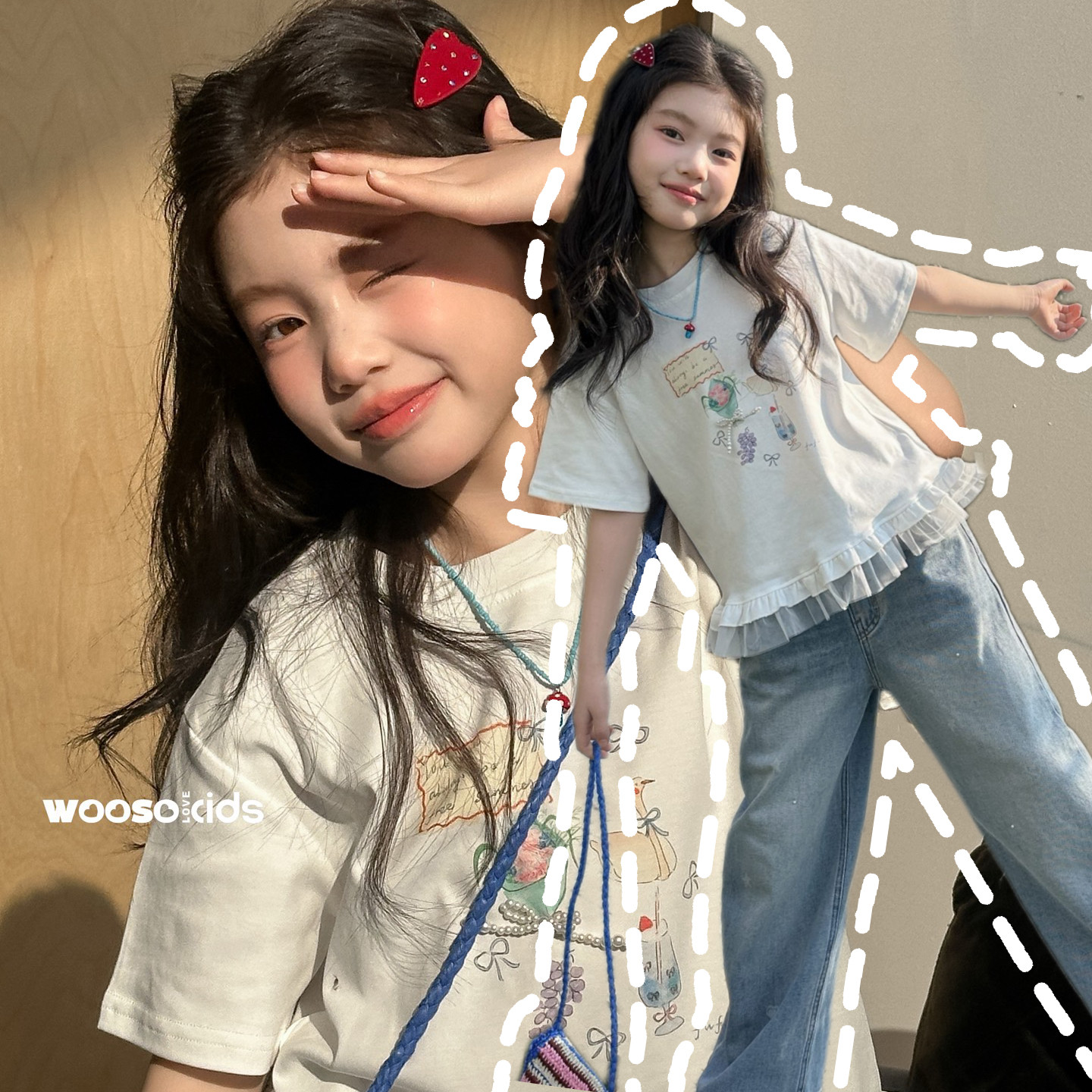 吾束2026夏装新款女童韩版可爱蕾丝边卡通蝴蝶结短袖T恤上衣33287