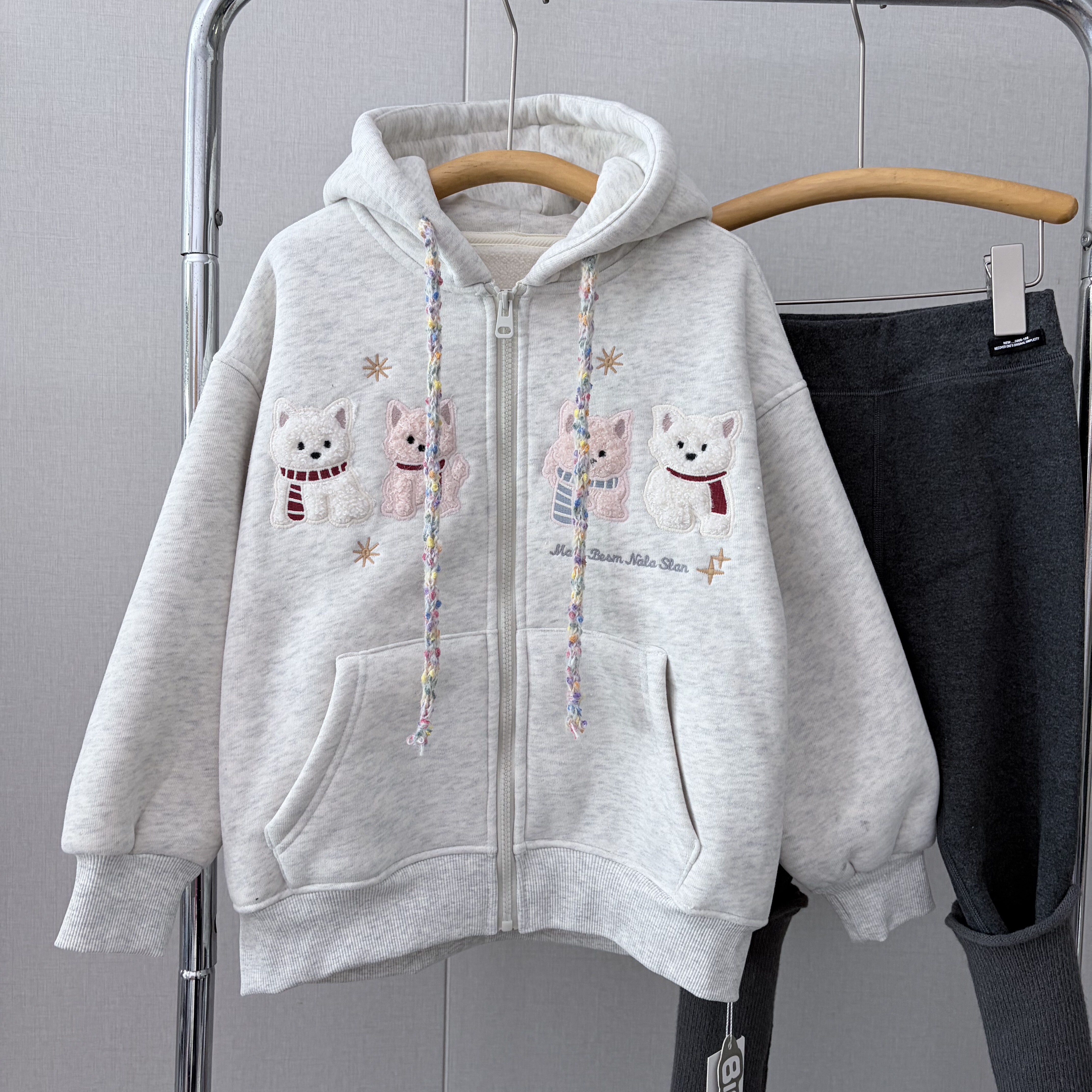 嗨大E小e2025冬卡通小猫加绒连帽外套韩系中大童可爱加厚开衫5086