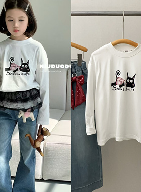 牛哆哆春款2025女童可爱卡通串珠猫咪休闲纯棉白色T恤打底衣63821