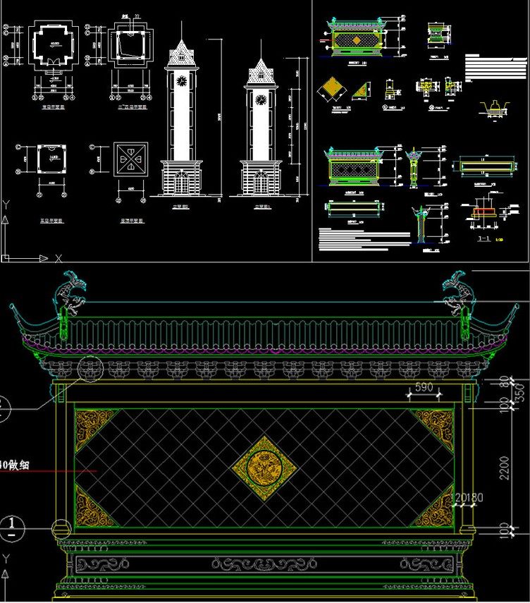 中式古建筑园林小区影壁墙英式钟楼建筑平面立面详图cad施工图