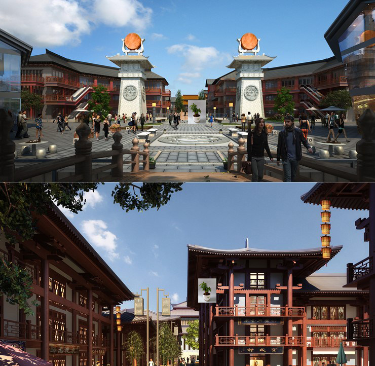 草图大师汉唐风格古代建筑旅游小镇景区步行商业街广场su模型