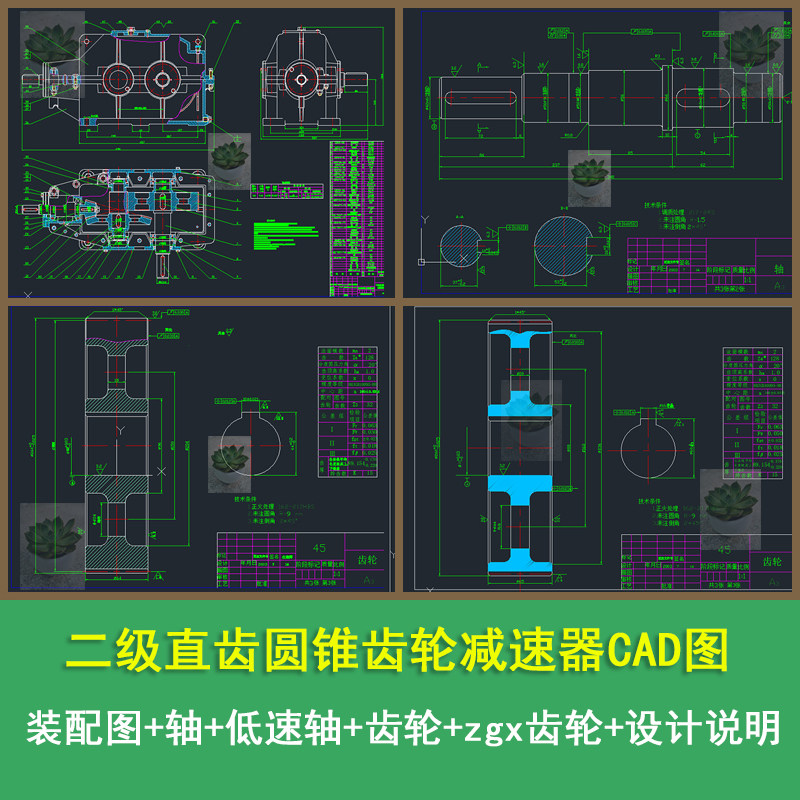二级直齿圆锥齿轮减速器装配图低速轴齿轮CAD图含说明书