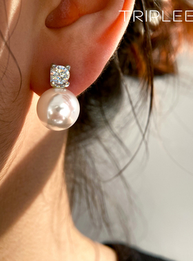 TRIPLEEVE天然澳母贝粉光澳白戴妃珍珠耳钉通体s925纯银D色莫桑钻