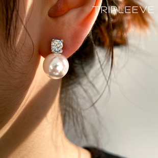 TRIPLEEVE天然澳母贝粉光澳白戴妃珍珠耳钉通体s925纯银镀金经典