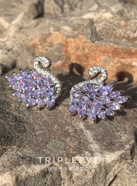 莫奈花园·天鹅/精湛立体淡紫色水晶天鹅耳钉耳环有耳夹轻奢小众