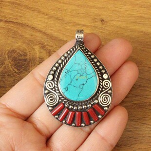 尼泊尔西藏拉萨藏族饰品藏银民族绿松石男女通用民族风吊坠项链坠