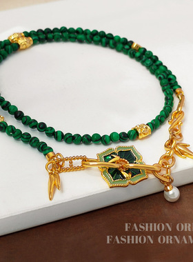 原创新中式级感串珠设计项链复古小众绿色孔雀石串珠锁骨链2619