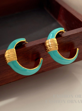 铜镀真金S925银针欧美级感薄荷蓝色C字耳钉气质复古耳圈女2274