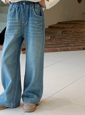 西西家女童2025冬季新款百搭加绒牛仔裤儿童休闲直筒裤JX15824