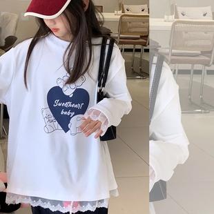【甜心熊】西西家女童2026春款蕾丝边长袖T恤儿童百搭上衣JX15369