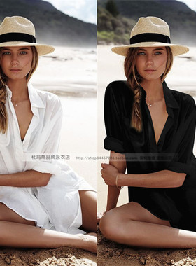 海岛度假穿搭白色BF长袖衬衫比基尼泳衣沙滩外套chic罩衫防晒衣女