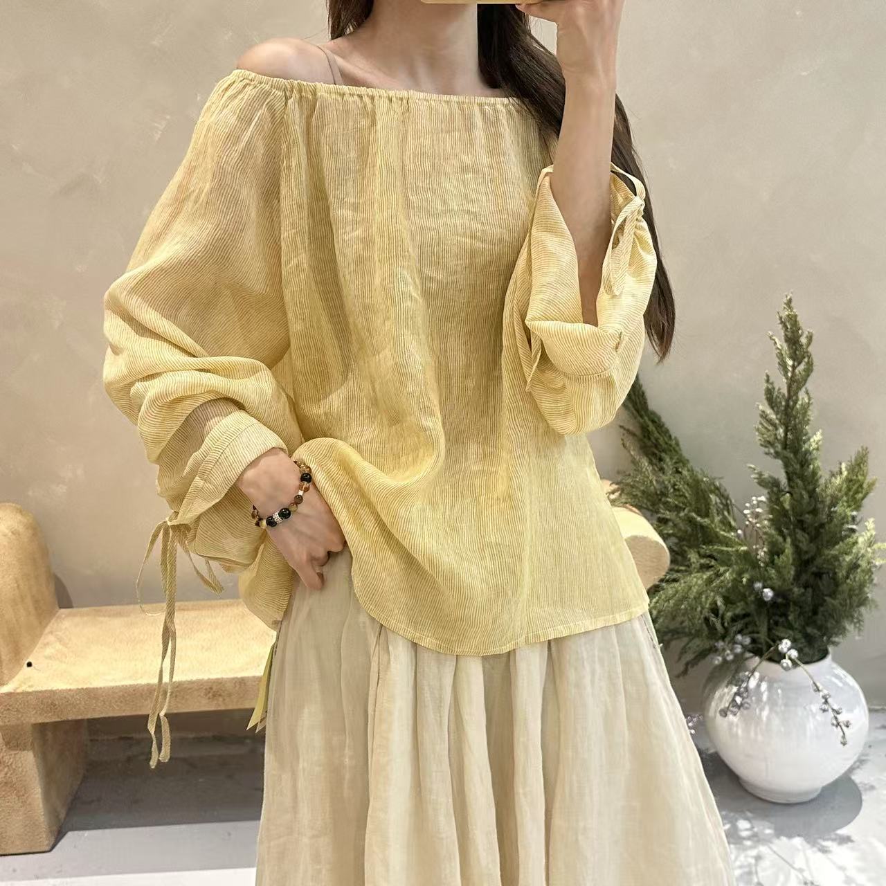 袖口抽绳宽松苎麻竖条水袖女小衫