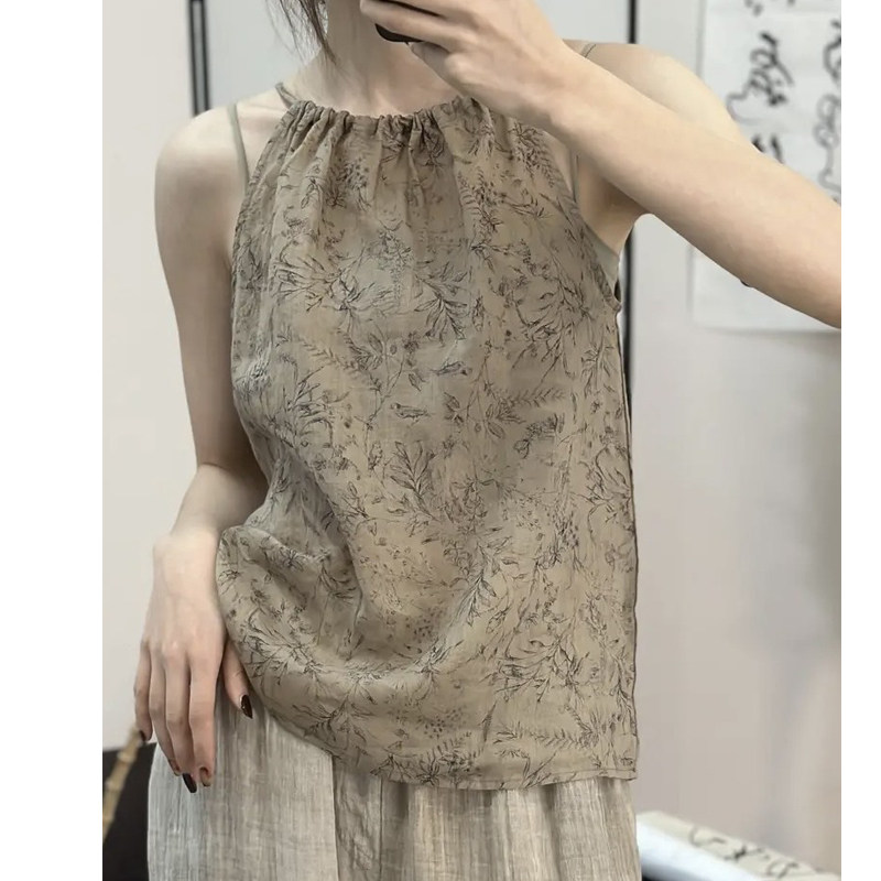 文艺小众设计高支纯苎麻吊带竹子数码印花一字领宽松性感背心打底怎么看?