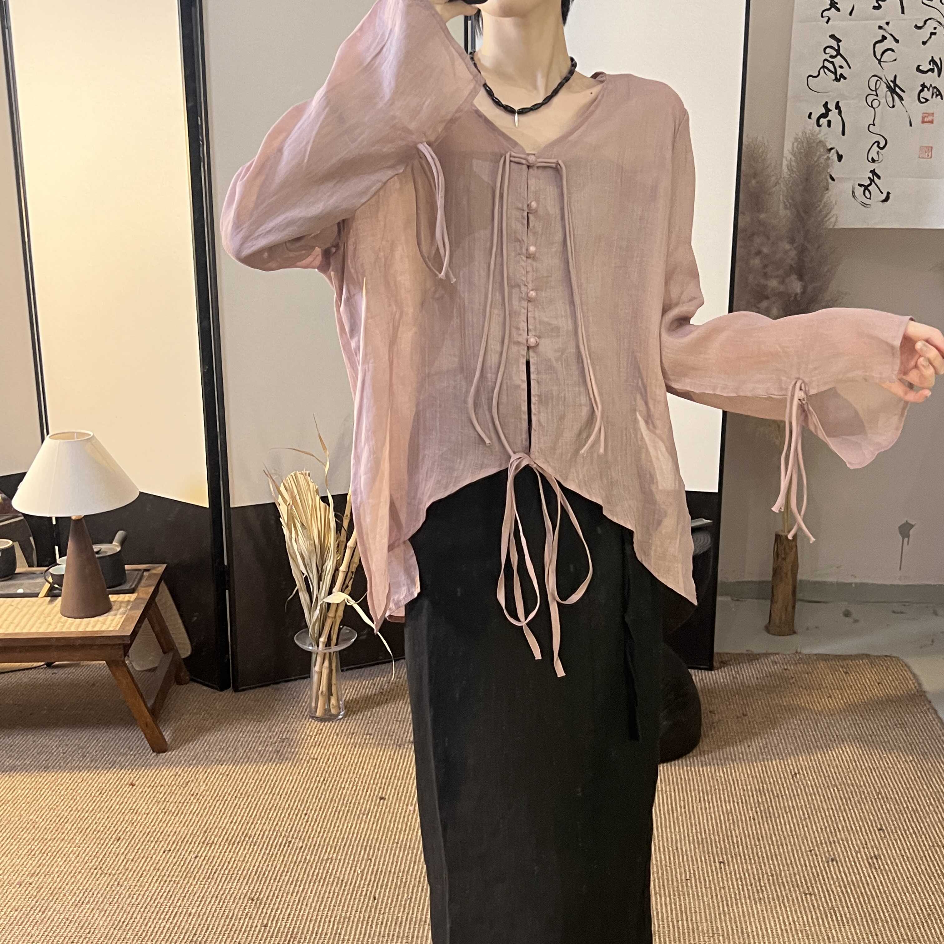 文艺夏季新款细苎麻流苏竖扣上衣女宽松显瘦V领时尚防晒漂亮衬衫