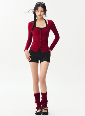 LU家同款长袖瑜伽服女生套装普拉提训练上衣运动T恤红色健身穿搭