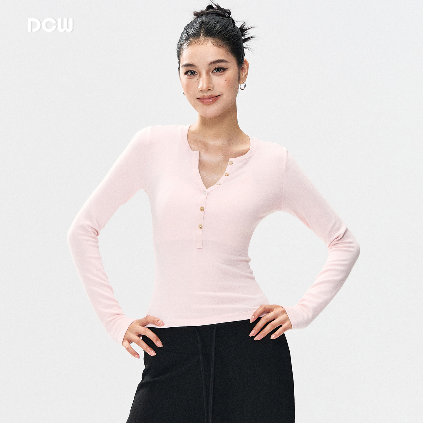 DCW复古亨利领瑜伽长袖女紧身显瘦透气吸汗普拉提训练通勤健身衣