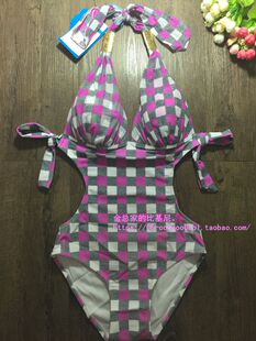 内销专柜品牌金属扣装饰格子图案凹腰性感露背连体泳衣monokini。