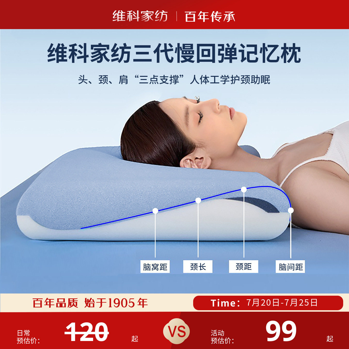 维科家纺A类抑菌记忆棉枕头软枕深睡枕家用慢回弹成人学生宿舍枕