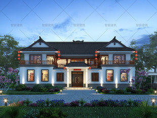 二层中式三合院设计建筑结构水电效果图鸟瞰图全套设计图纸