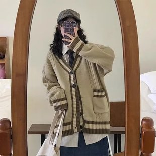 秋冬新款 针织外套女保暖宽松 韩版 慵懒学院风复古拼接毛衣开衫