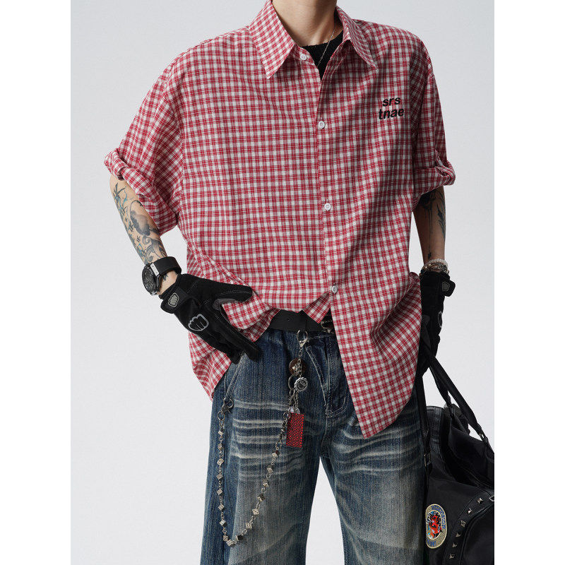 NORELIGION東崛NOLOGO阿茶与阿古pd大人大码情侣刺绣格子短袖衬衫