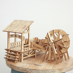 古代水车灌溉工具水磨房建筑儿童益智拼装玩具木制3D手工立体拼图