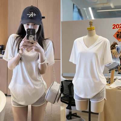 慵懒松弛感雪花纹V领宽松T恤简约