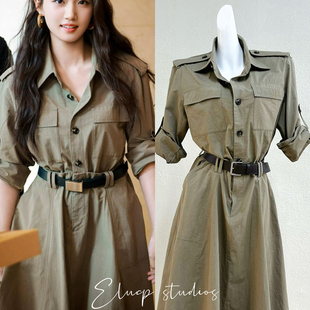 现货卢昱晓同款水洗棉工装连衣裙女2025秋季新款收腰显瘦中工装裙