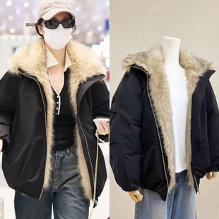 现货王楚然孙千同款 羽绒服女冬巴恩风毛领拼接派克服 宽松保暖工装