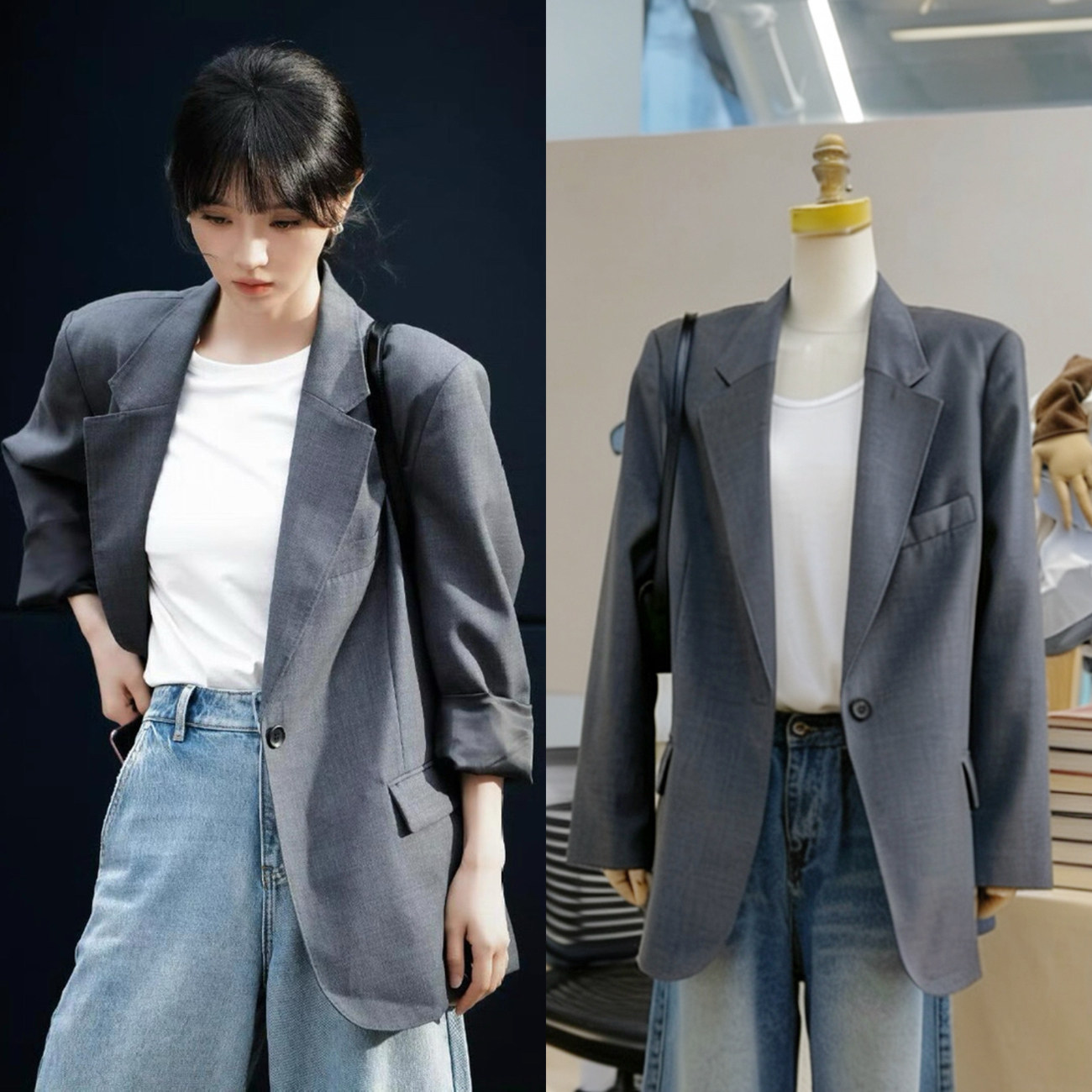 现货田曦薇林知夏同款灰色西装外套女2026春气质休闲通勤西服上衣