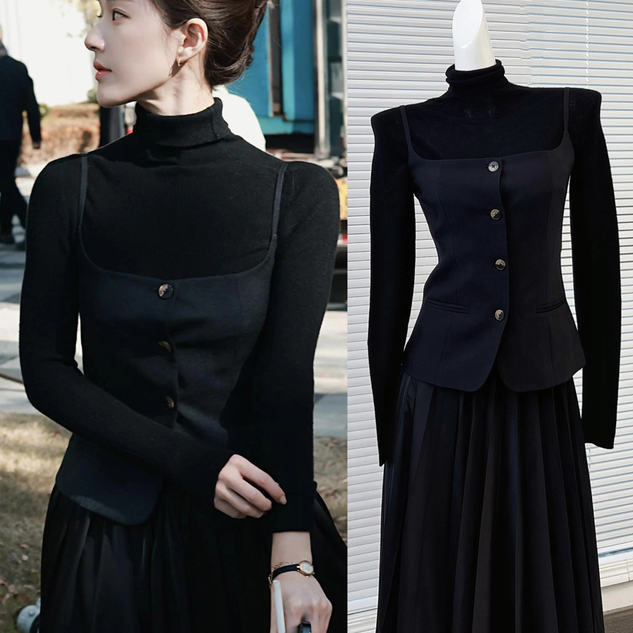 高领修身百搭坑条日常针织衫