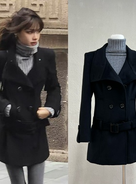 现货博主ranran同款黑色古早修身毛呢外套女秋冬气质高级西装外套
