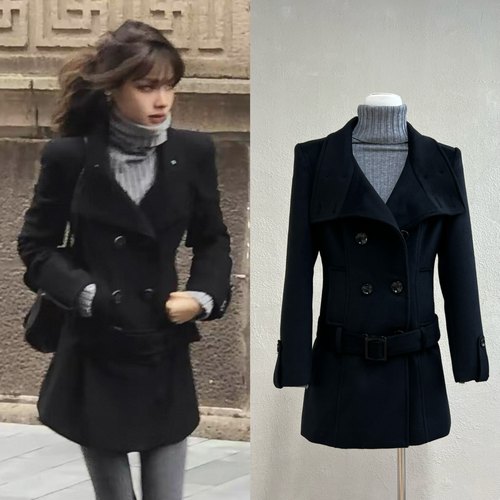 博主ranran同款黑色修身毛呢外套