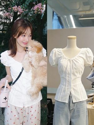 明星徐梦洁同款少女心思甜美泡泡袖小个子衬衫女夏季修身显瘦上衣