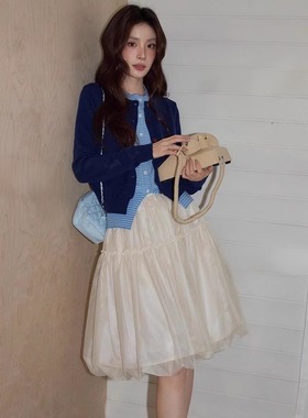 韩系假两件藏蓝色针织开衫女秋冬设计感减龄氛围感毛衣外套上衣