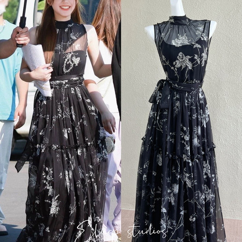 黑色印花飘带微透气质无袖衬衫