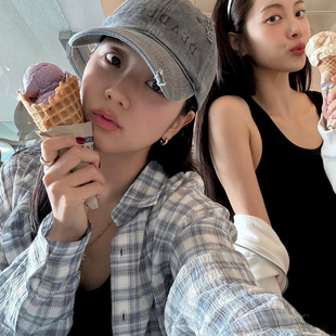 经典 衬衫 jisoo同款 百搭格纹长袖 上衣 女夏季 宽松休闲防晒外穿开衫