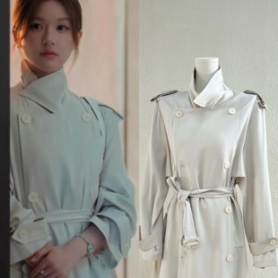 现货赵露思许我耀眼许妍同款白色仿醋酸翻领气质风衣高级垂感外套