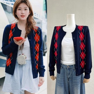 现货许我耀眼赵露思许妍同款 早秋学院风毛衣外套复古菱格针织开衫