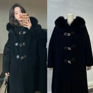 现货冬日烟花安娜同款 黑色牛角扣大衣真毛狐狸毛领羊绒羊毛中长款