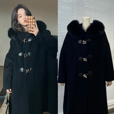 现货冬日烟花安娜同款黑色牛角扣大衣真毛狐狸毛领羊绒羊毛中长款